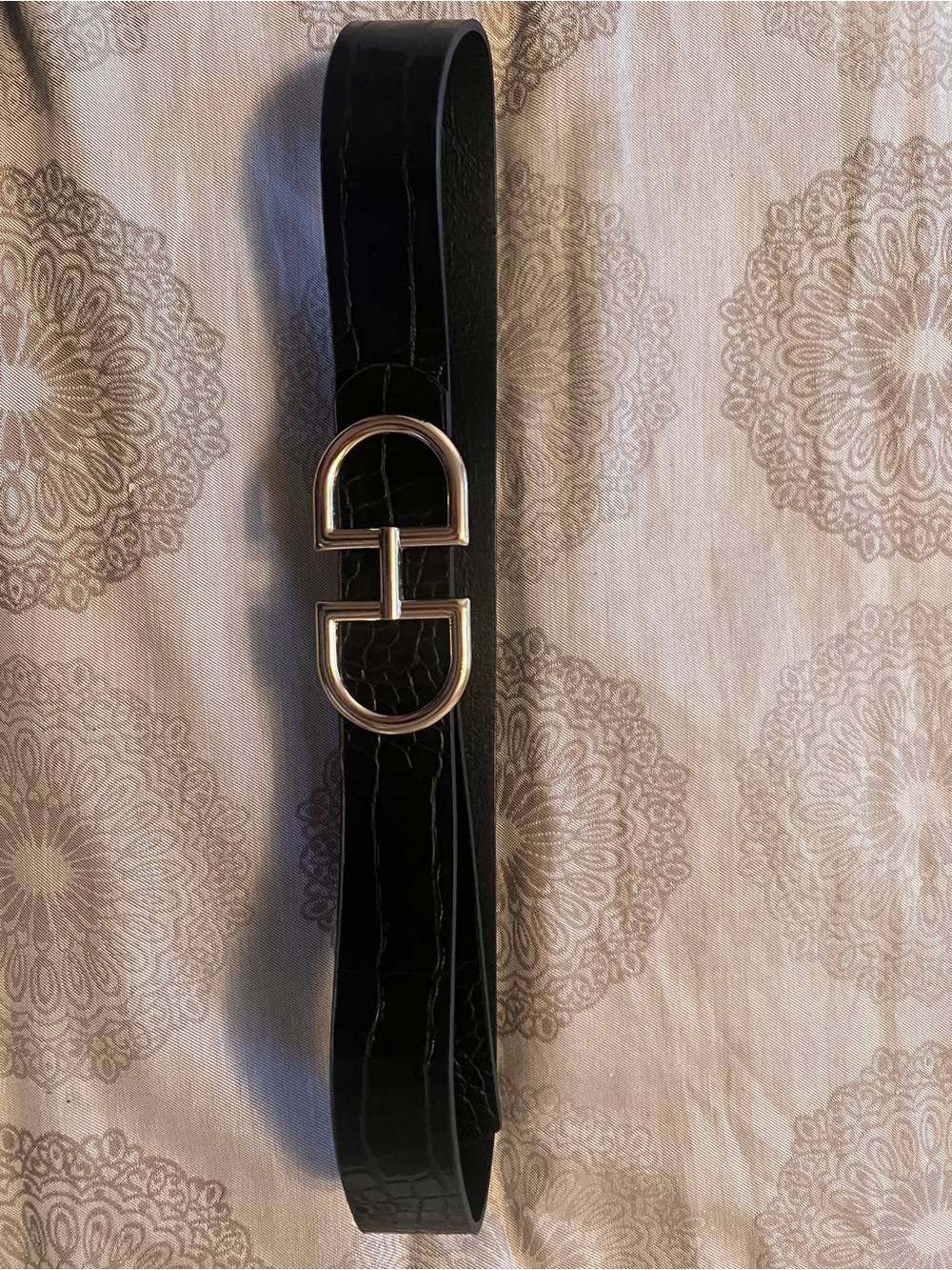 Black Croc-Embossed Leather Belt with Gold Buckle